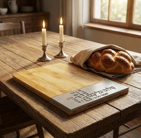 מגש לחלות שבת בטון ועץ - דגם טיפוגרפיה